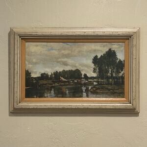 Vintage Professionally Framed French art print “Boats on the Oise” by Daubigny